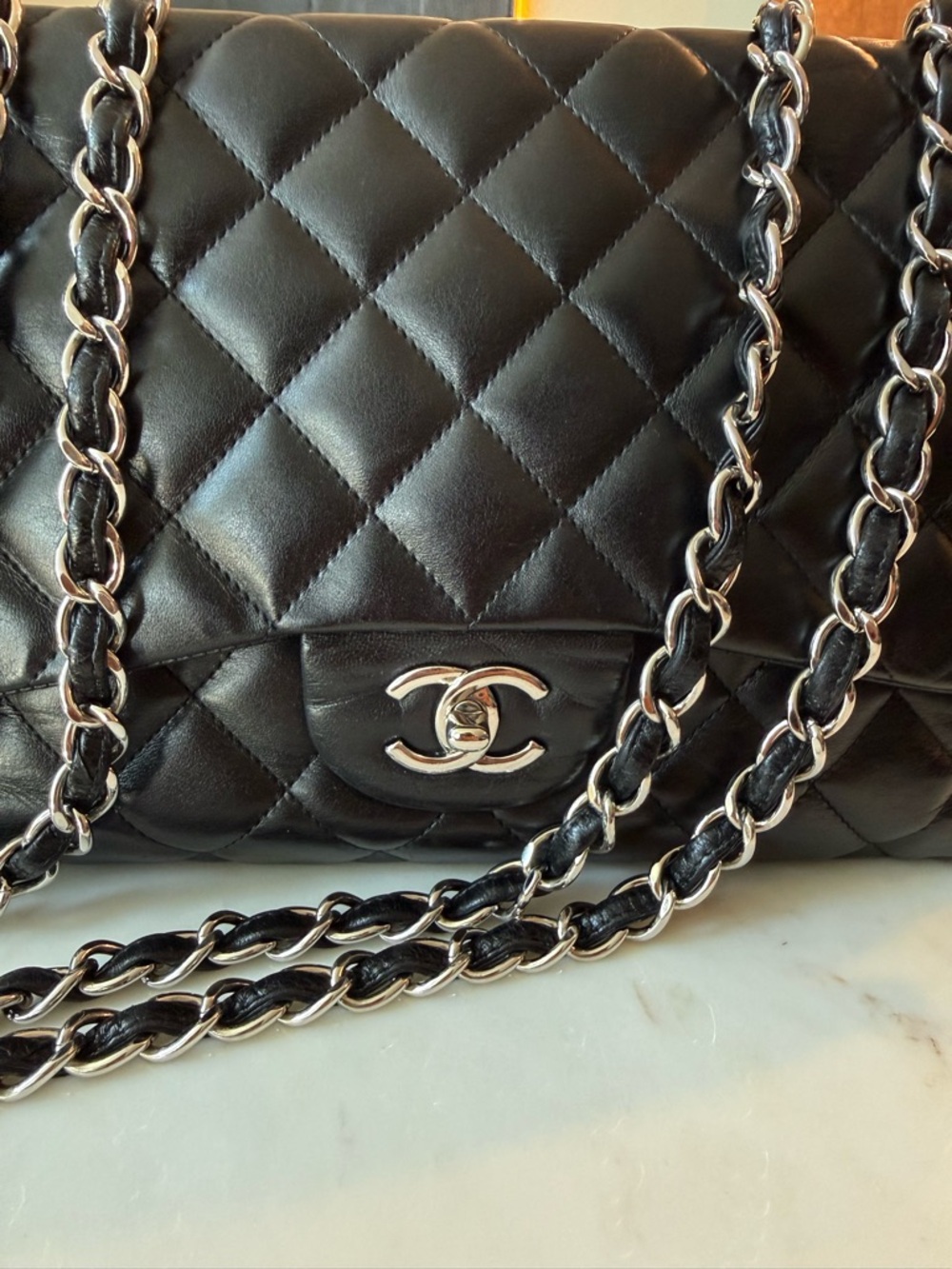 CHANEL classic single flap lambskin Black Quilted Bag with Silver Chain jumbo - Picture 3 of 16